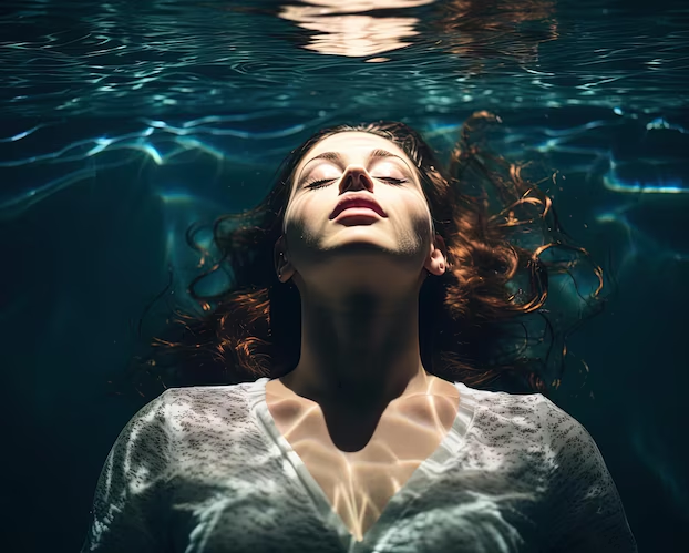 Woman floating underwater, calm and weightless